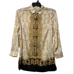 Chico’s Button Front Ornate Baroque Print Satin Ivory Gold Tunic Top US Small
